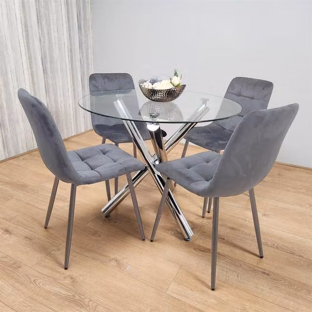 Kosy Koala Round Glass Dining Table with 4 Grey Velvet Chairs and Chrome Legs