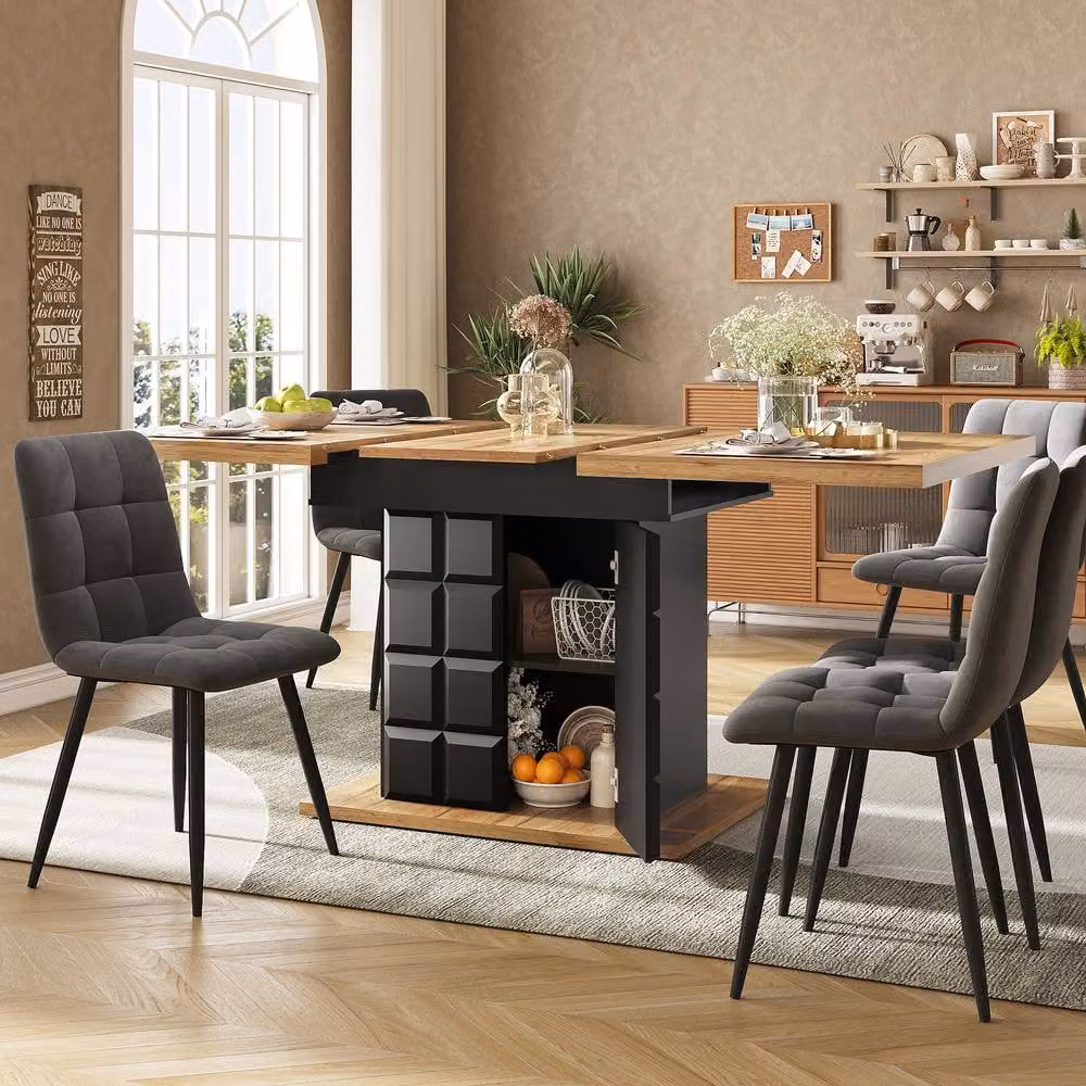 Merax Black Extendable Rectangular Dining Table with Checked Storage Base – 5