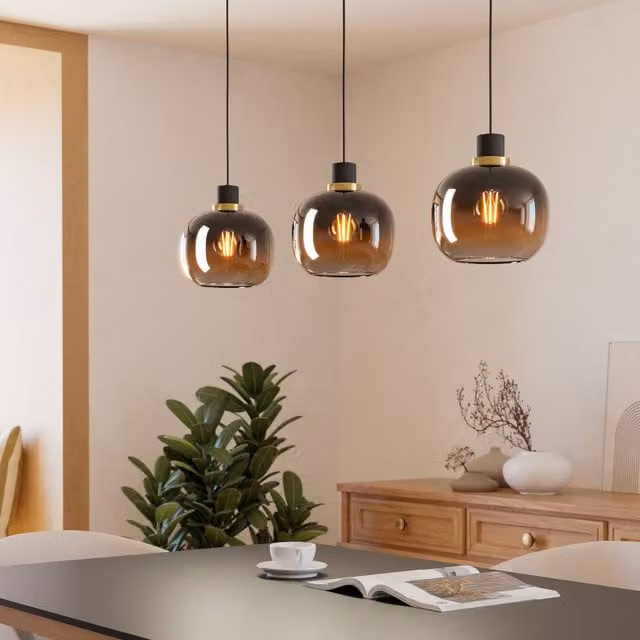 Eglo Oilella Modern Suspended Pendant Light in Black, Brown and Brass with Glass Spheres