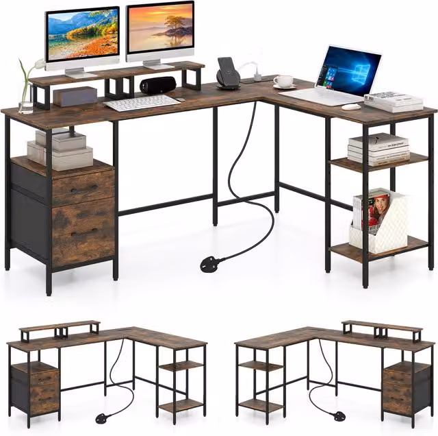 Costway L-Shaped Reversible Corner Desk with Monitor Stand in White and Brown