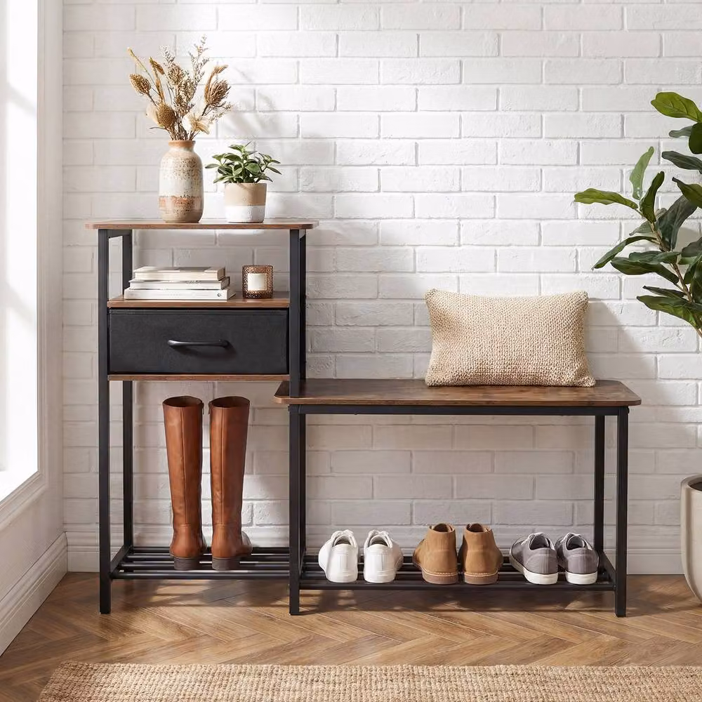 Costway 3-Tier Industrial Shoe Rack Bench with Drawer in Brown – 3