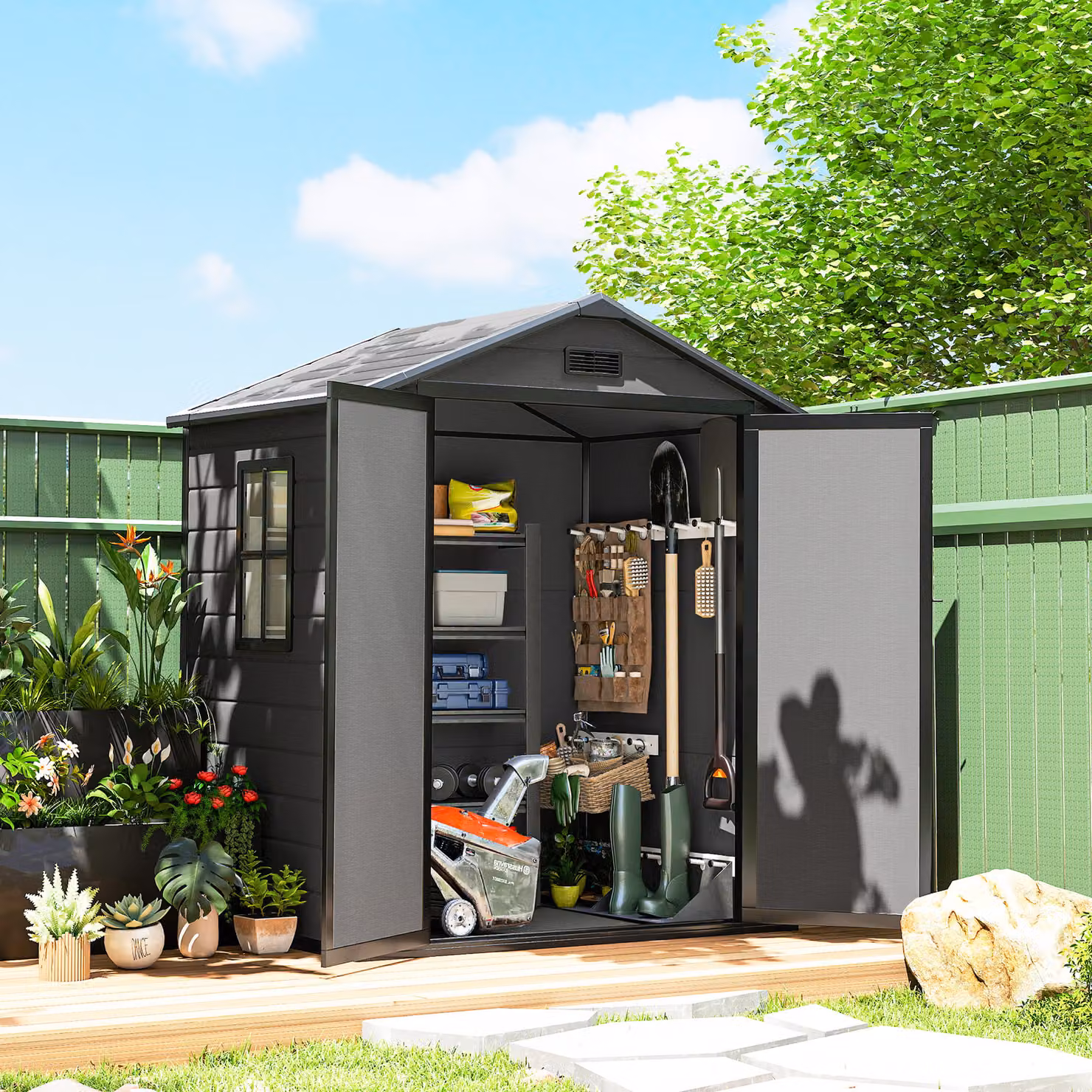 Outsunny Lockable Pent Garden Storage Shed with Double Doors, Window and Vent, Dark Grey, W: 182.88 cm, D: 134.0 cm, H: 182.88 cm – 2