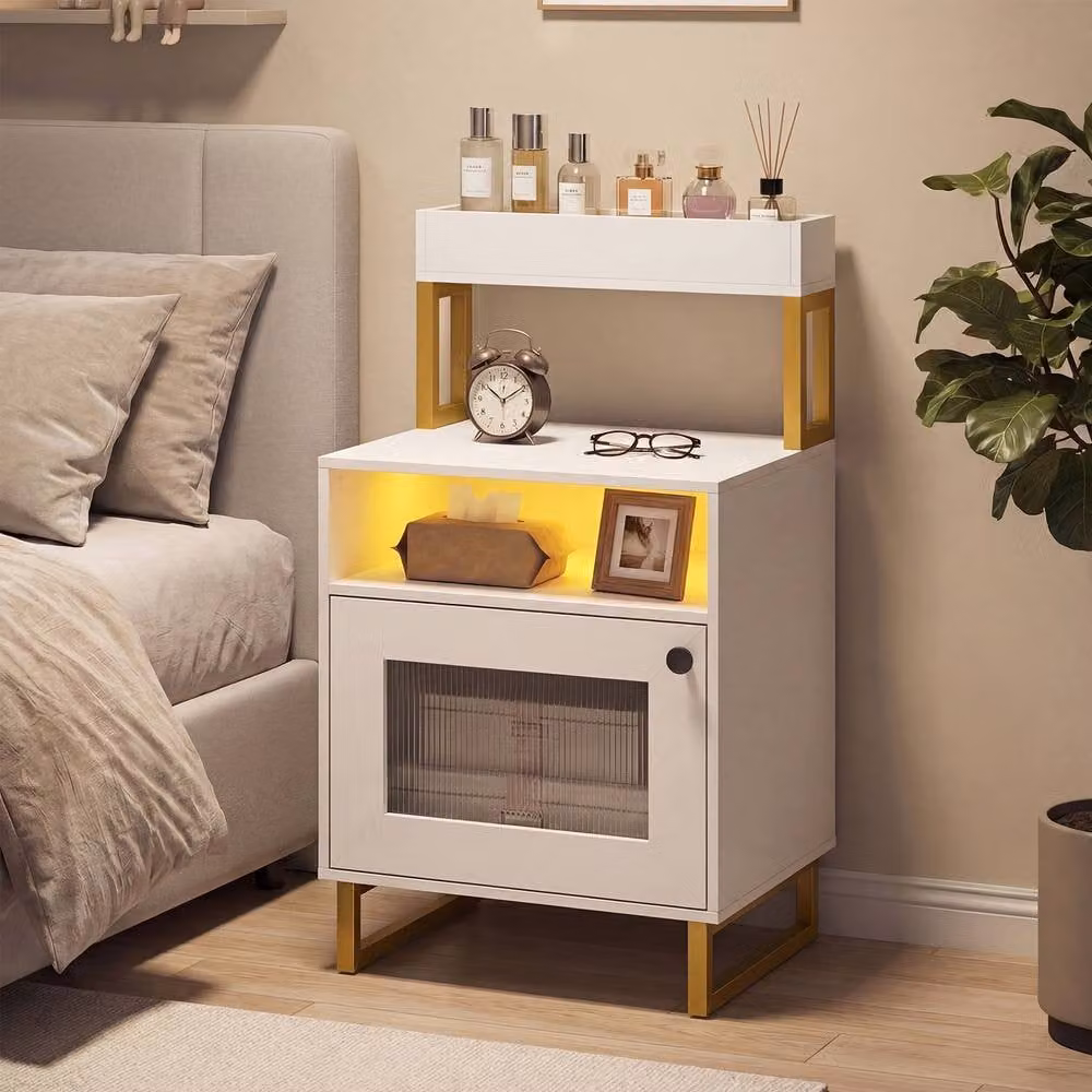 Costway Modern White Nightstand with Integrated Lighting and Top Tray – 3