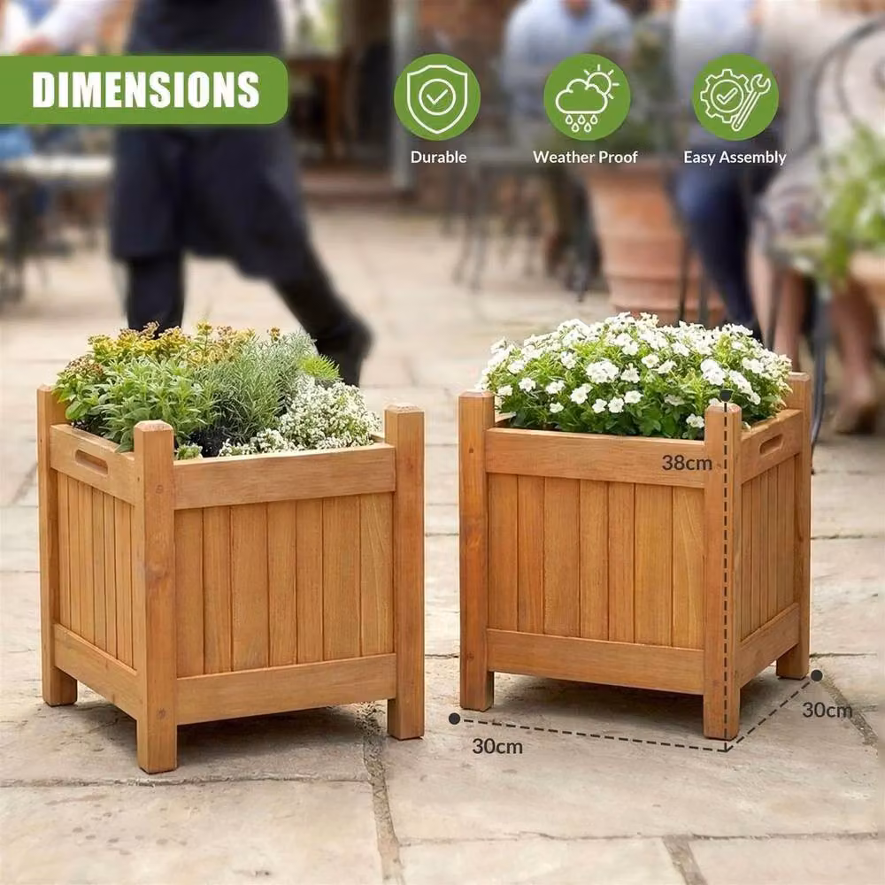 Kelvenix Set of 2 Brown Wooden Square Planter Tubs W/D/H: 30 x 30 x 38 cm – 3