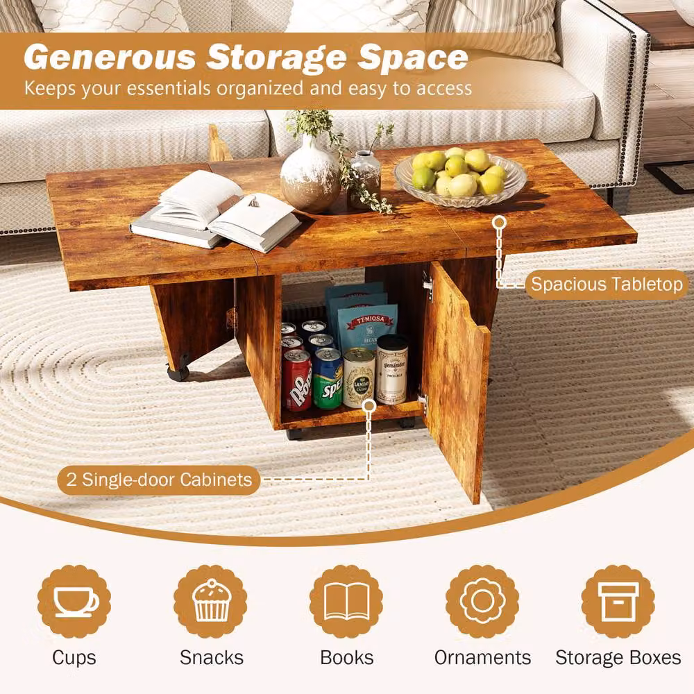 Costway Extendable Coffee Table with Storage and Castors, Walnut Brown – 7