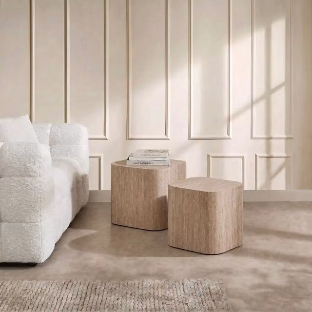 OHS Set of 2 Modern Square Travertine Effect Coffee Tables in Beige Stone Finish – 1