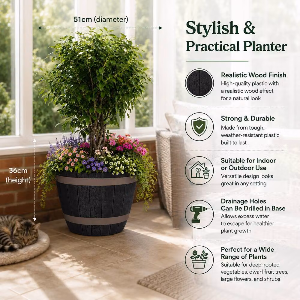 Simpa Set of 2 Rustic Dark Grey Plastic Half Barrel Cask Planter Tubs – 5