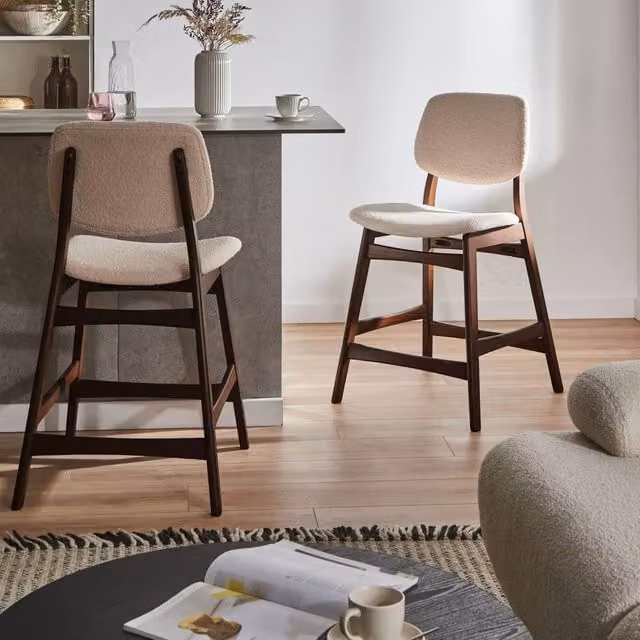 Wyld and Coco Set of 2 Brown Rubberwood Bar Chairs with Beige Boucle Seats