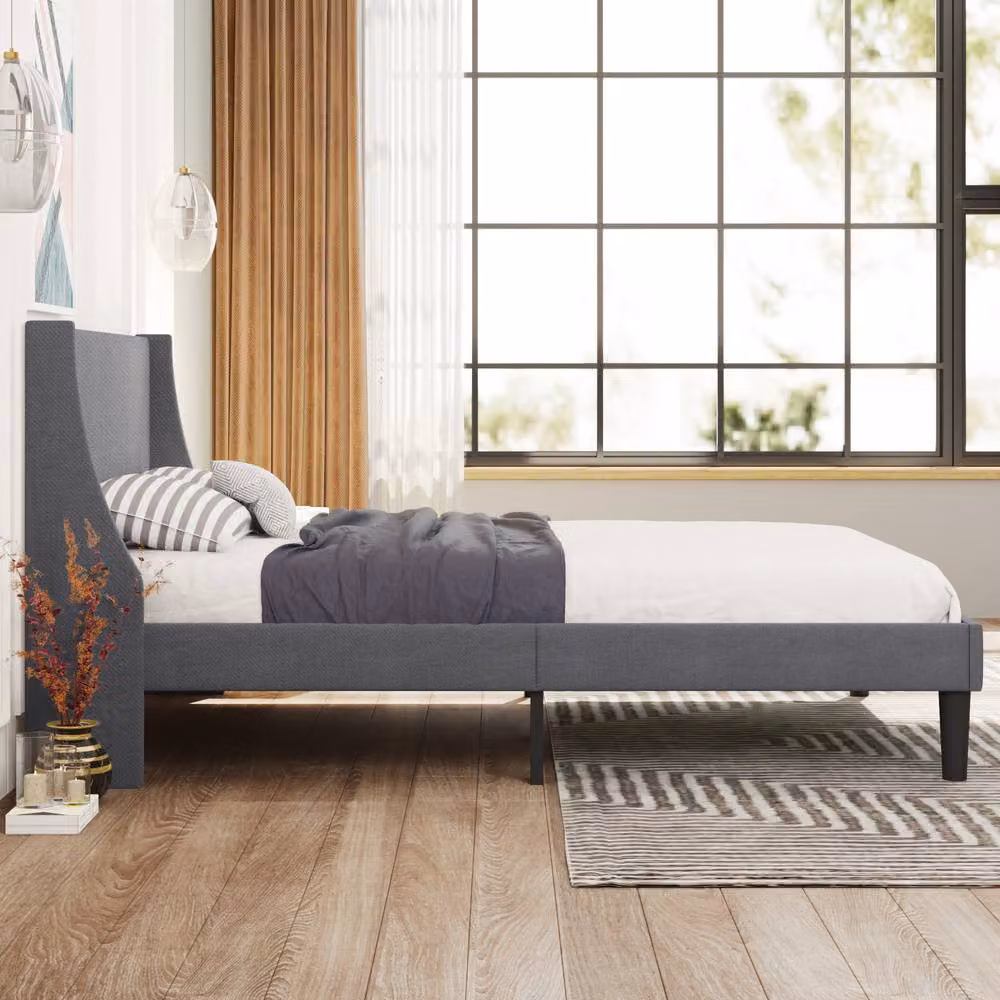 Merax Single Upholstered Velvet Wingback Bed Frame, Grey, W/D/H: 90 x 190 cm – 2