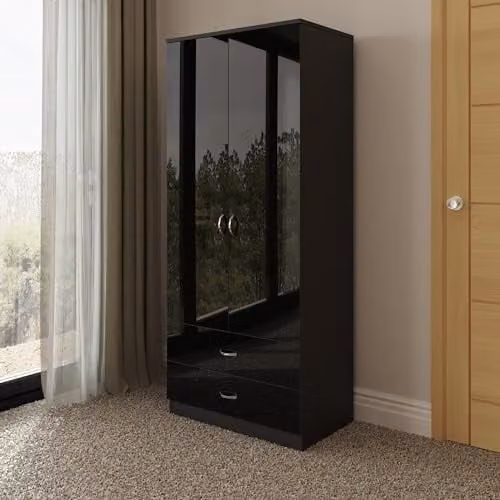 FWStyle Chilton Black Gloss 2 Door 2 Drawer Combination Wardrobe with Hanging Rail and Soft Close Doors, H180 x W80 x D50 cm – 2