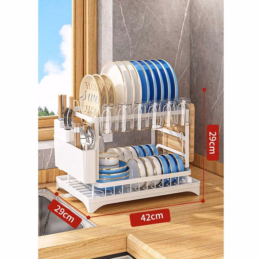 FORGEVIO White 2 Tier Metal Kitchen Sink Dish Drainer Rack with Cutlery Holder – 2