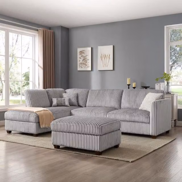 Ben Left-Hand Corner Sofa with Matching Footstool in Grey Teddy Jumbo Cord