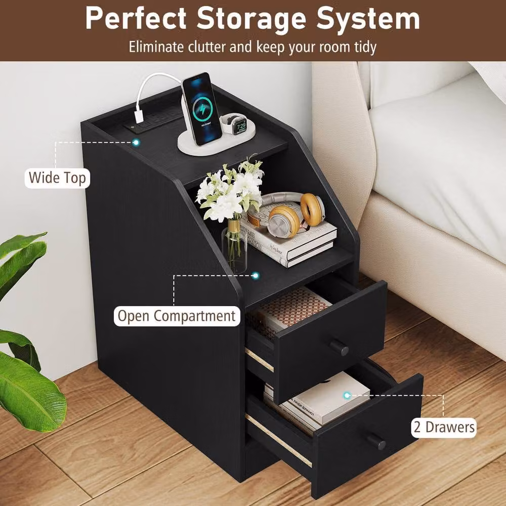 Gymax Black Side Table with Charging Station and Storage Drawers – 5