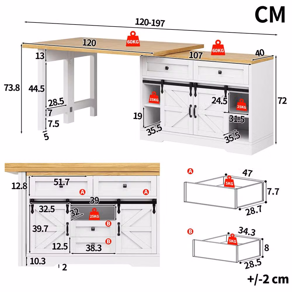 Merax White Extending Kitchen Island Dining Table with Sliding Barn Doors, W/D/H: 120 x 73.8 x 77 cm – 2