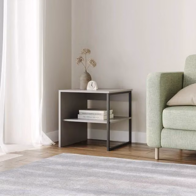 Kelvenix Modern Oak Wood and Steel Side Table in Grey, W/D/H: 40 x 40 x 40 cm