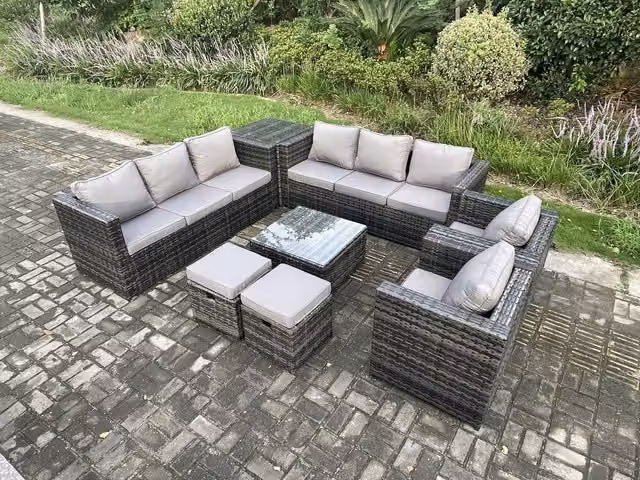 Fimous Rattan Garden Furniture Set in Dark Grey with 2 Armchairs, Square Coffee Table, Side Table and 2 Footstools