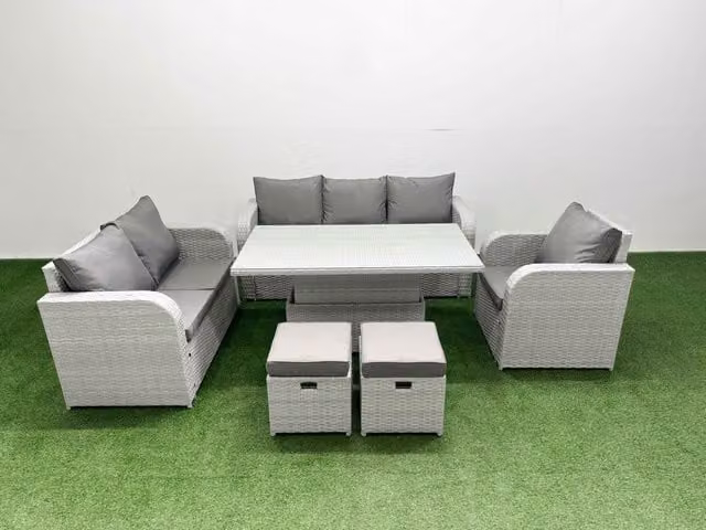 Fimous Patio 8 Seater Grey PE Wicker Rattan Outdoor Furniture Set with Adjustable Lifting Table and Reclining Chairs