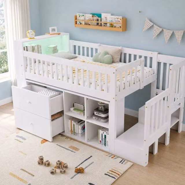 STILVORA Modern Junior Bed Frame with Drawers and Under-Bed Lighting in White Finish, W/D/H: 90 x 190 x 120 cm – 1