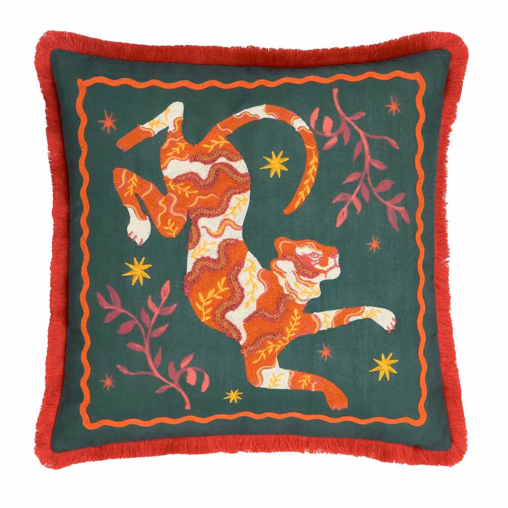 furn. Les Animaux Tigeress Tufted Decorative Cushion, Emerald Green and Multicolour, W/D/H: 45 x 45 x 45 cm – 2