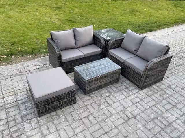 Fimous Outdoor Lounge Sofa Set with Rectangular Coffee Table, Large Footstool and Side Table in Dark Grey Mixed Rattan