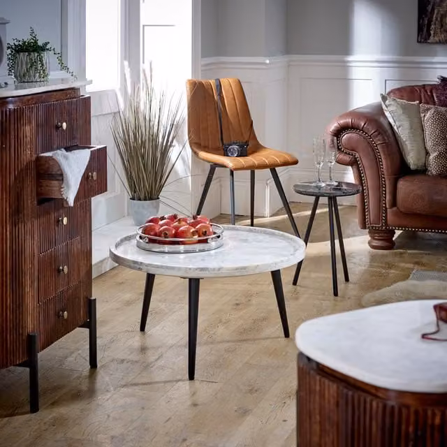 Worcester Ruby Mango Wood Wide Chest of Drawers with Marble Top and Metal Legs in Brown
