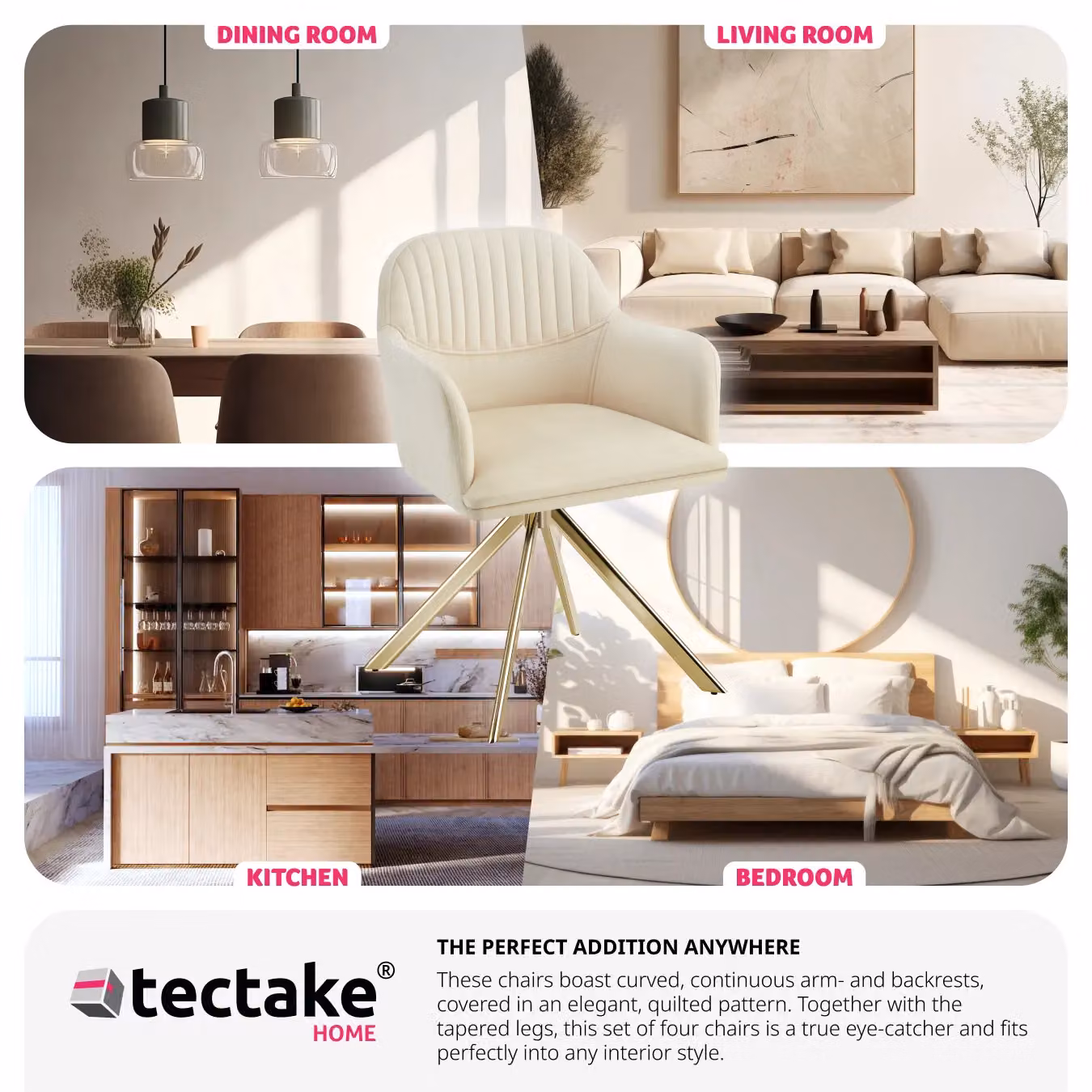 tectake Set of 4 Lona Velvet Swivel Dining Armchairs in Cream and Gold – 7