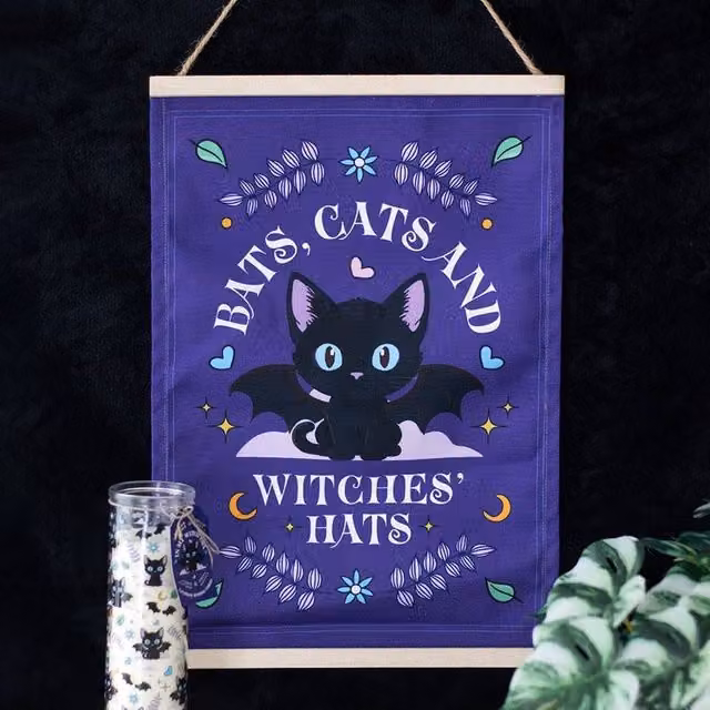 Uniqueful Halloween Fabric Wall Hanging with Bats, Cats and Witches Hats in Purple and Black