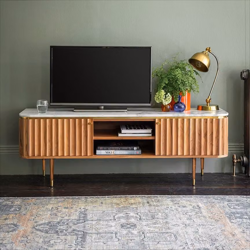Atkin & Thyme Flute Marble Media Unit in Acacia Wood with Striped Stone Detail