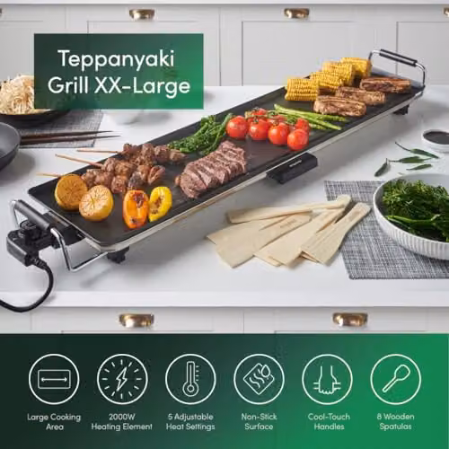 Emperial Black Electric Teppanyaki BBQ Grill with 2000W Non-Stick Smooth Plate and Adjustable Temperature Control, W/D/H: 90 x 23 x 10 cm – 2
