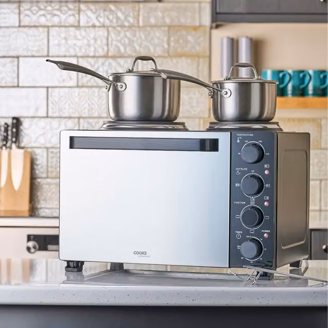 Cooks Professional 28L Mini Oven with Hobs, Black and Silver, W: 49 cm