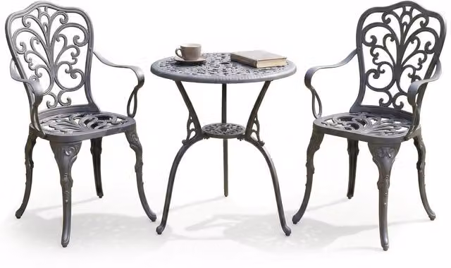 Centurion Supports Bangui 2 Chairs Bistro Set in Grey and Black with Floral Vintage Design and Matt Metal Finish