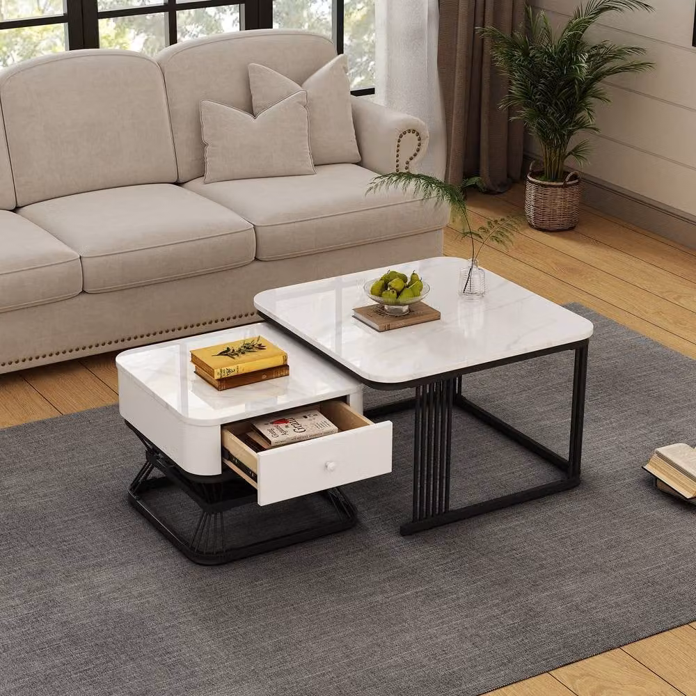 ModernLuxe Nesting Coffee Table Set of 2 with Marble Top, Drawer and Shelf in Multicolour – 4