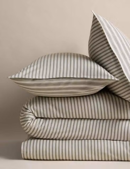 M&S Fern Green and White Striped Brushed Cotton Flannel Bedding Set