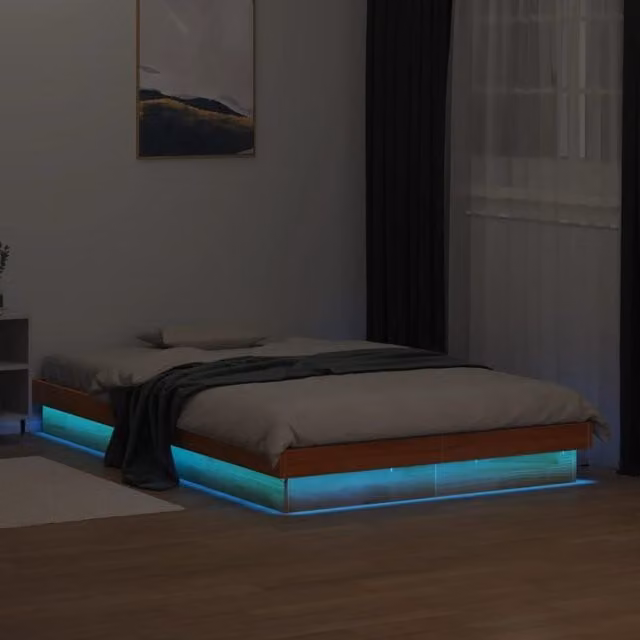 Berkfield Home Solid Wood LED Bed Frame in Wax Brown with Under-Bed Lighting and USB Charging Port, W/D/H: 120 x 200 cm – 1