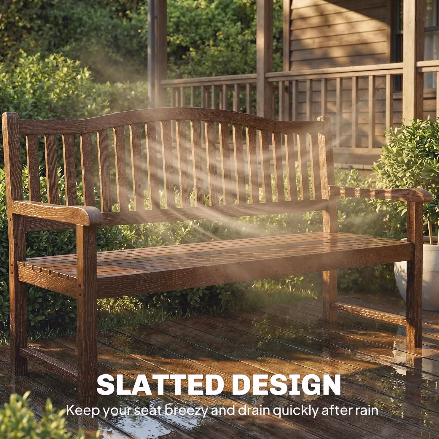 Outsunny Garden Loveseat Bench, 2-3 Seater Outdoor Wood Bench with Liftable Table and Waterproof Cover, Brown – 5