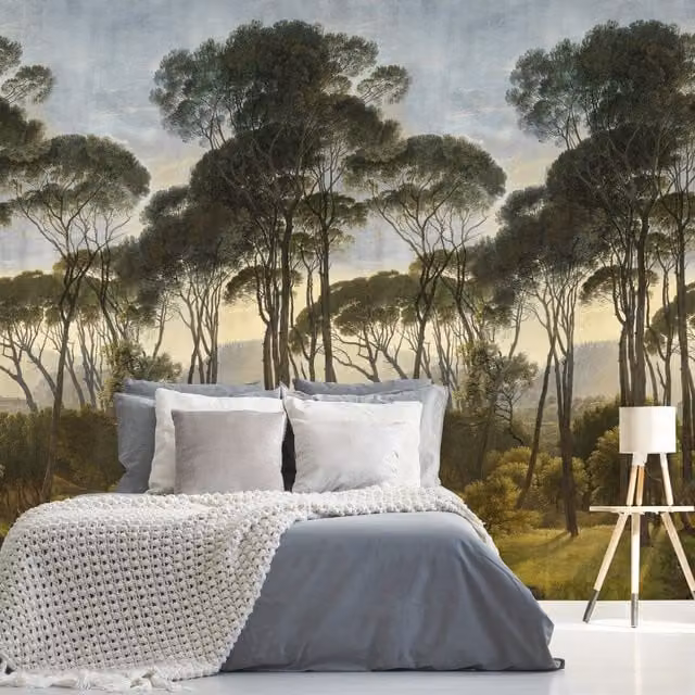 Grandeco Ancient Trees 3 Lane Repeatable Textured Wallpaper Mural in Green