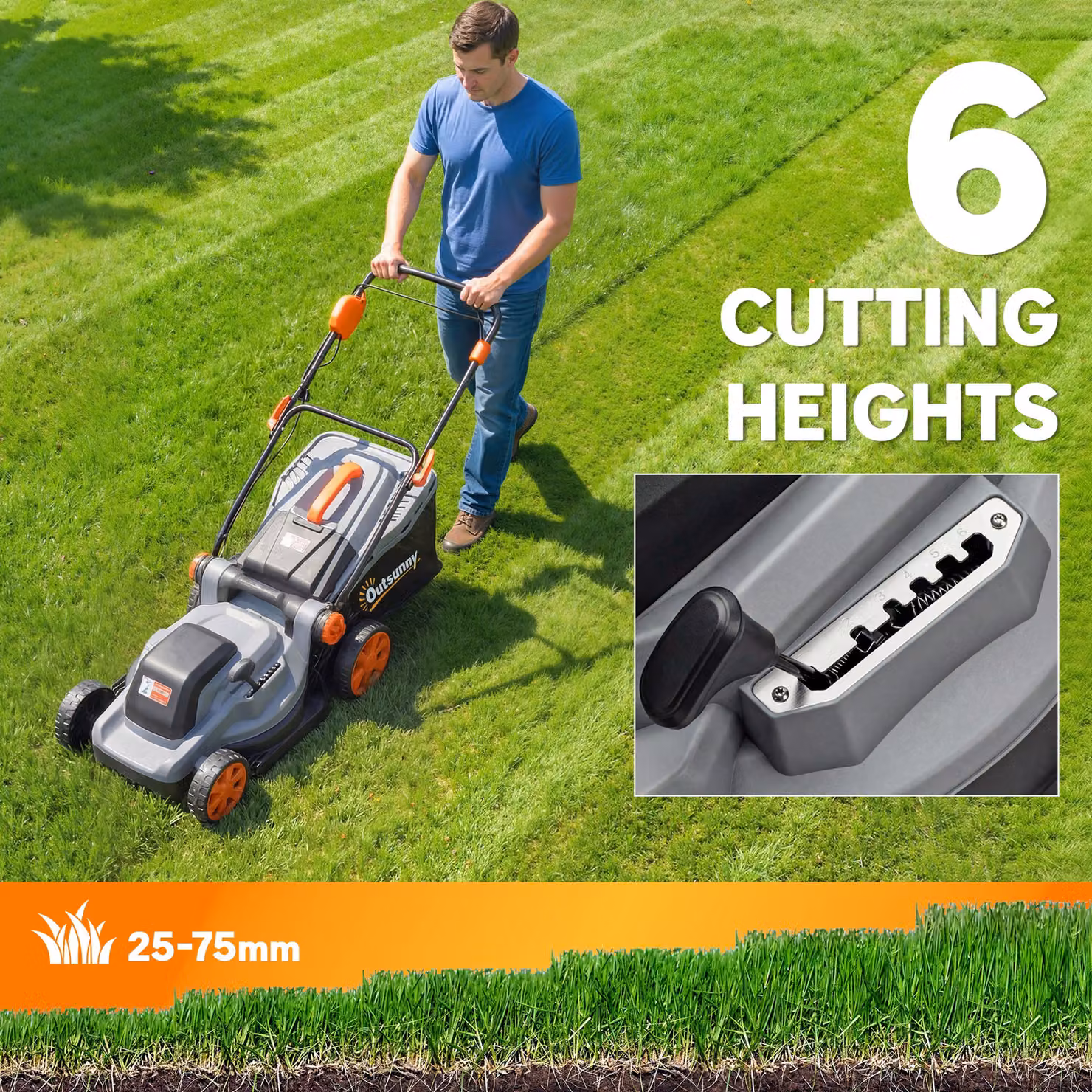 Outsunny 18V Cordless Lawnmower with 2 x 4Ah Rechargeable Batteries and 34cm Cutting Width including Mulching Kit and Collection Bag – 7