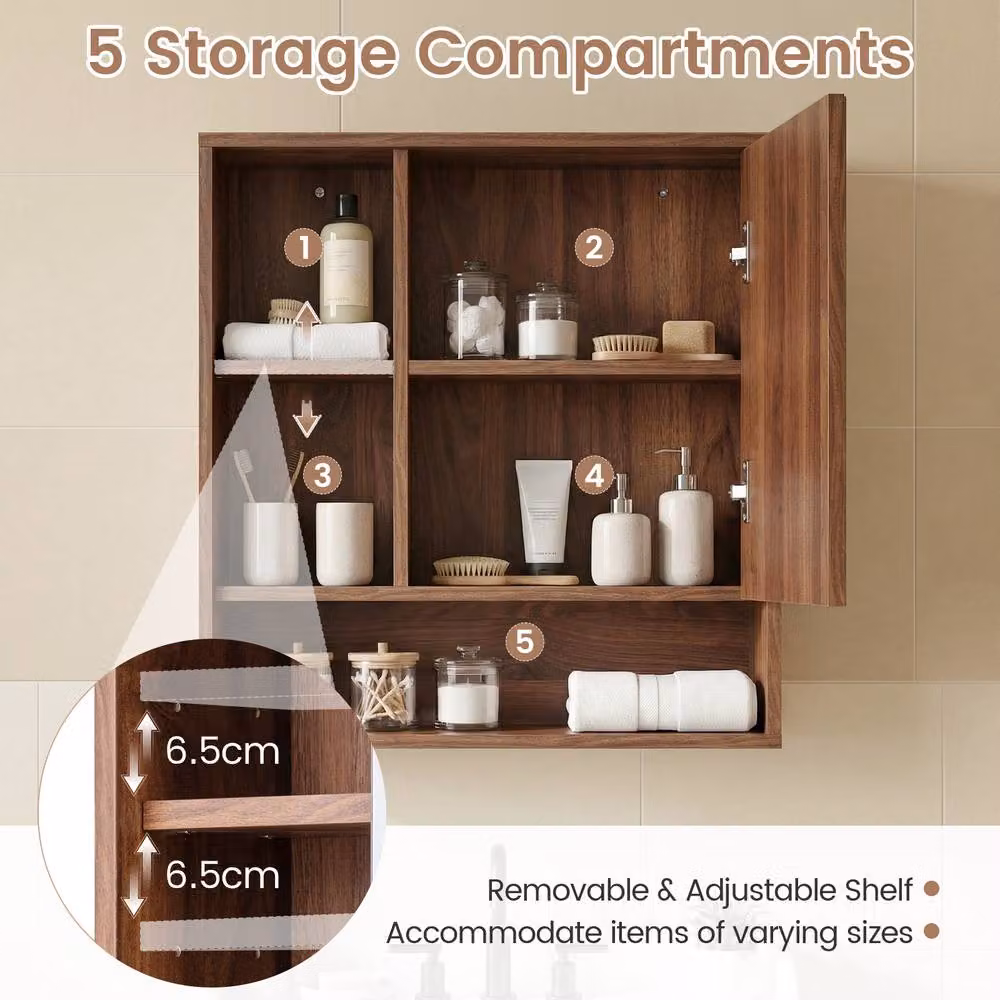 Gymax Brown Wall Mounted Medicine Cabinet with Mirror and Internal Shelves – 5