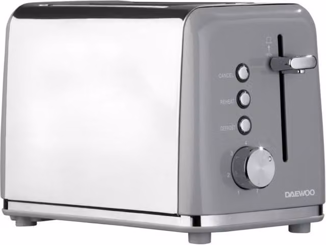 Daewoo Kensington 2 Slice Stainless Steel Toaster with Defrost and Reheat Functions, 810W, Grey