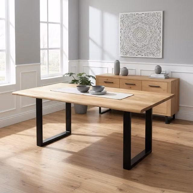 IH Design Natural Acacia Wood Live Edge Rectangular Dining Table with Black Metal Legs, Tan