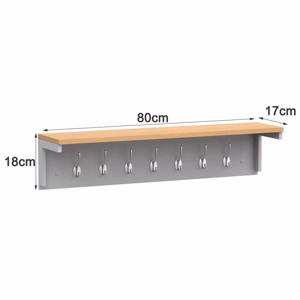 Kelvenix Grey Wall Mounted Coat Rack Shelf with 14 Hooks, W: 80 cm, H: 18 cm, D: 14 cm – 2