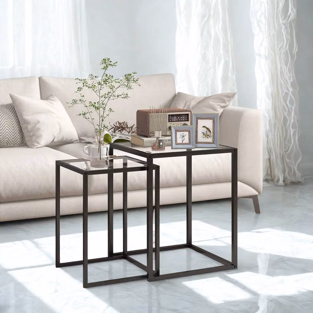 FURNOS Set of 2 Modern Nesting Side Tables with Black Tempered Glass Tops – 3