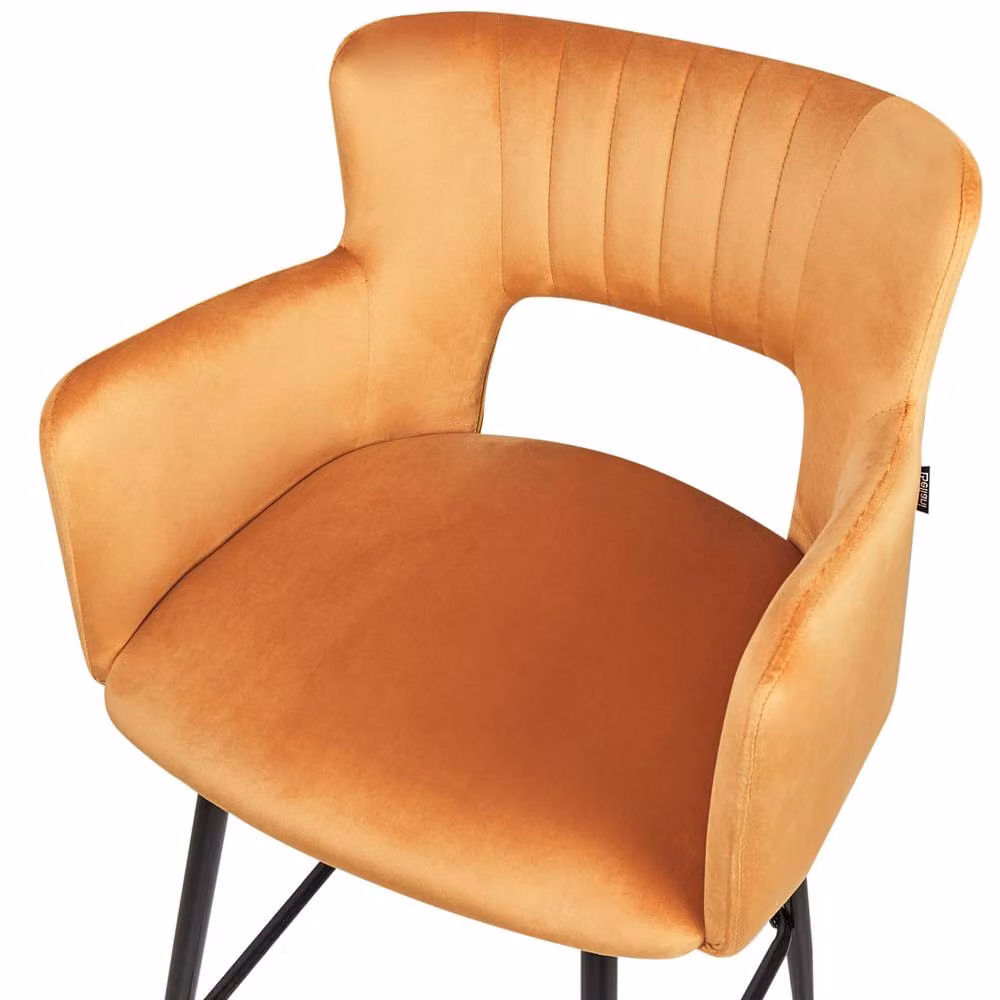 Wyld and Coco Set of 2 Orange Velvet Bar Chairs with Armrests and Cutout Back and Black Metal Frame – 3