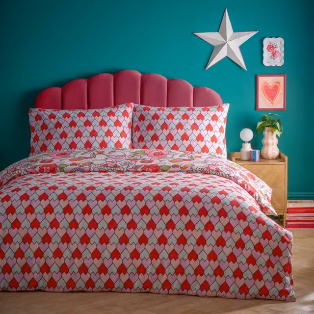Make It A Home Pink Glass Hearts Printed Reversible Polycotton Duvet Cover Set, W: 180 cm, L: 200 cm