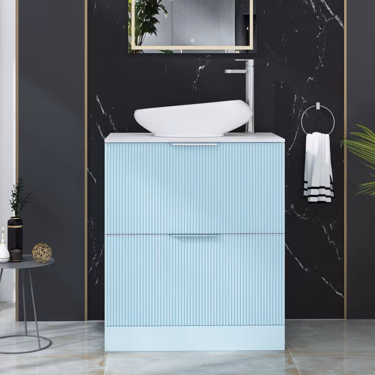 Royal Bathrooms Evora Powder Blue Fluted Floor Standing Countertop Vanity Unit with Nova Basin and 2 Drawers