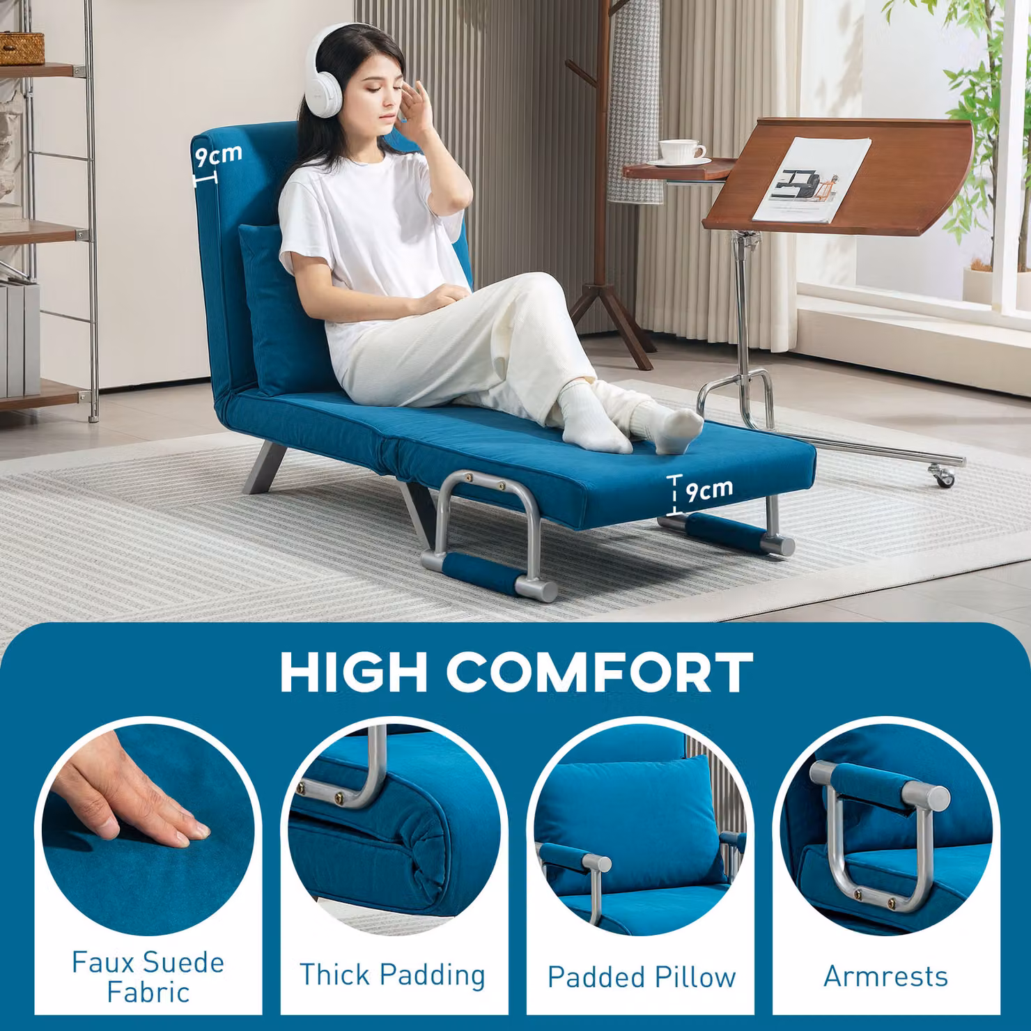 HOMCOM 4-in-1 Blue Faux Suede Chair Bed with Armrests and Metal Frame – 6