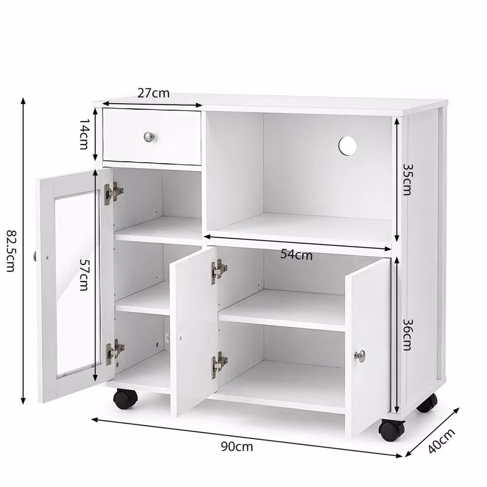 KORVIXA White Lacquered Kitchen Island Sideboard Rolling Trolley with Glass, W: 90 cm, D: 40 cm, H: 82.5 cm – 2