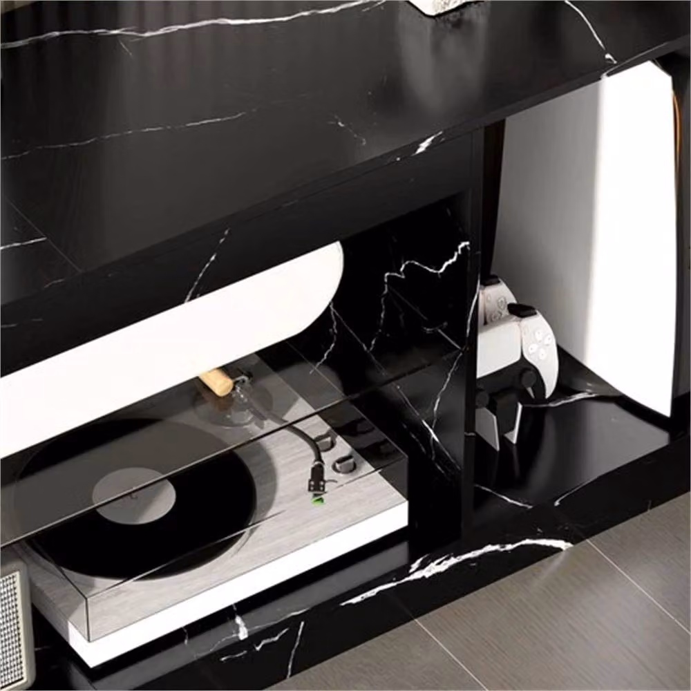 Nordara Black Marble Effect TV Stand Cabinet with Glass Shelf and Media Compartments, W: 148 cm, D: 35 cm, H: 52.6 cm – 5