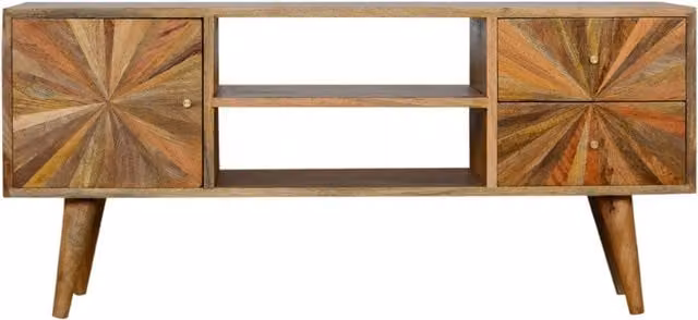 KDMK Retro Mango Wood Entertainment Unit with 1 Door, 2 Drawers and 2 Open Slots in Orange