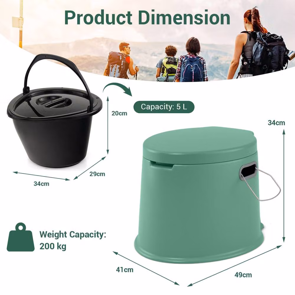 Costway Portable Travel Camping Toilet with Detachable Inner Bucket, Green, W/D/H: 49 x 41 x 34 cm – 2